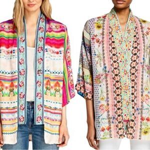 Johnny Was Maci Reversible Georgette Kimono Jacket Embroidered Trim Pink Size M